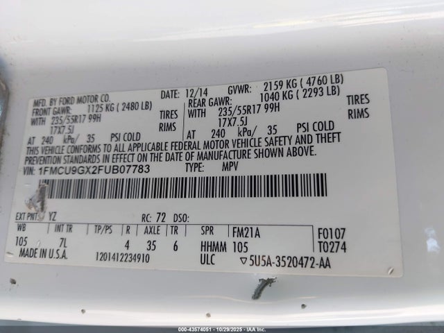 Продаж на аукціоні авто 2015 Ford Escape Se, vin: 1FMCU9GX2FUB07783, номер лоту: 43574051