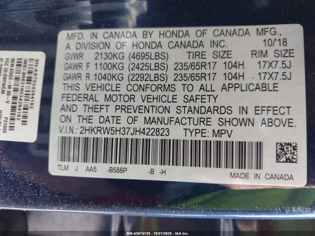 2HKRW5H37JH422823 Honda CR-V LX