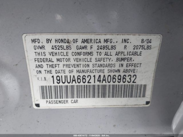 2004 ACURA TL 19UUA66214A069632 Photo 8