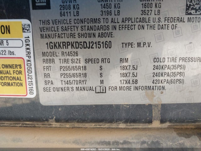 43574252 :رقم المزاد ، 1GKKRPKD5DJ215160 vin ، 2013 Gmc Acadia Sle-2 مزاد بيع