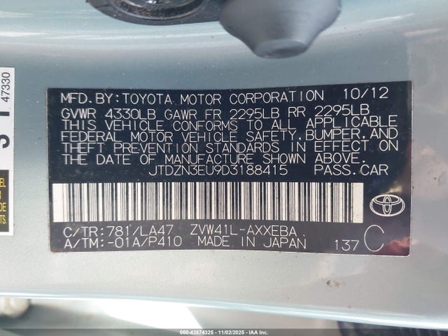 43574325 :رقم المزاد ، JTDZN3EU9D3188415 vin ، 2013 Toyota Prius V Five مزاد بيع