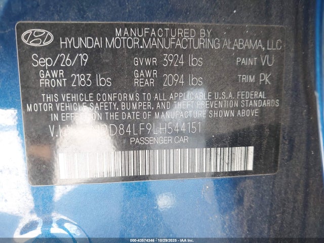 Продаж на аукціоні авто 2020 Hyundai Elantra Sel, vin: 5NPD84LF9LH544151, номер лоту: 43574346