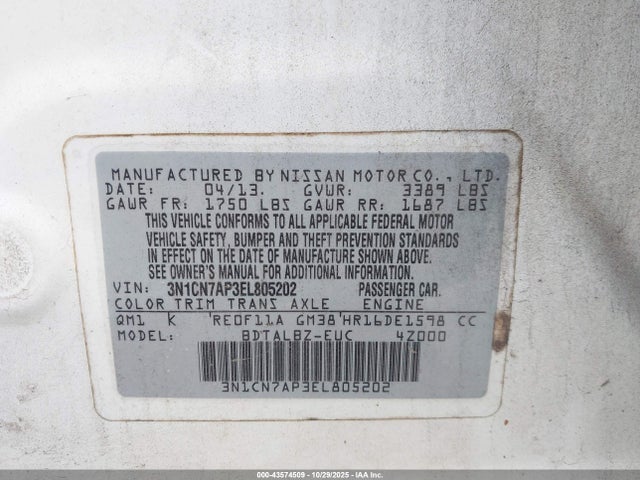 Aukcja sprzedaży 2014 Nissan Versa 1.6 Sv, vin: 3N1CN7AP3EL805202, numer aukcji: 43574509