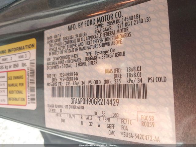 2016 FORD FUSION 3FA6P0H90GR214429 Photo 8