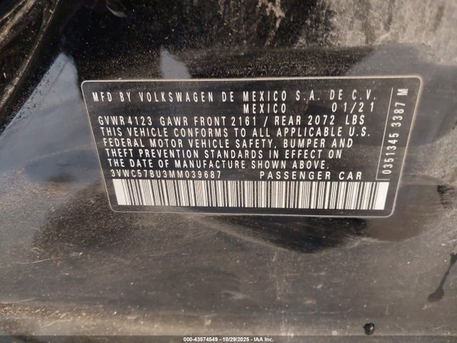 Продажа на аукционе авто 2021 Volkswagen Jetta 1.4t R-line/1.4t S/1.4t Se, vin: 3VWC57BU3MM039687, номер лота: 43574549