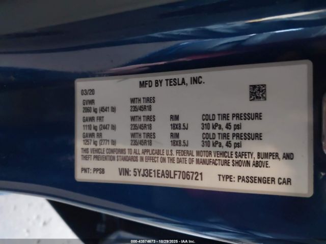 2020 TESLA MODEL 3 5YJ3E1EA9LF706721 Photo 8
