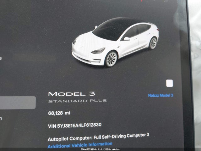 2020 Tesla Model 3 Standard Range Plus Rear-wheel Drive/standard Range Rear-wheel Drive მანქანა იყიდება აუქციონზე, vin: 5YJ3E1EA4LF612830, აუქციონის ნომერი: 43574796