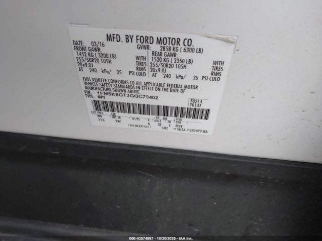 2016 FORD EXPLORER 1FM5K8GT3GGC70402 Photo 8