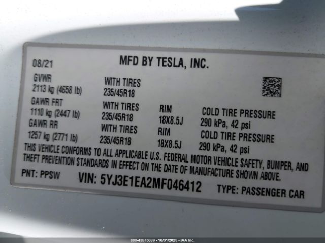 2021 TESLA MODEL 3 5YJ3E1EA2MF046412 Photo 8