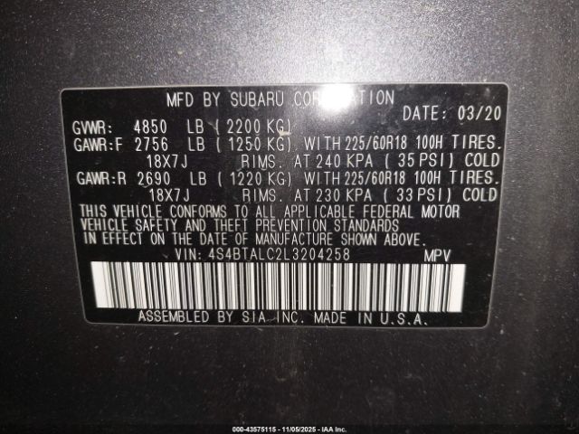 2020 SUBARU OUTBACK 4S4BTALC2L3204258 Photo 8