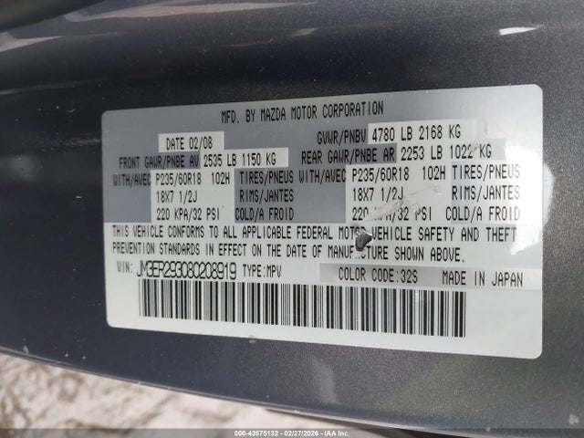 43575132 :رقم المزاد ، JM3ER293080208919 vin ، 2008 Mazda Cx-7 Sport مزاد بيع