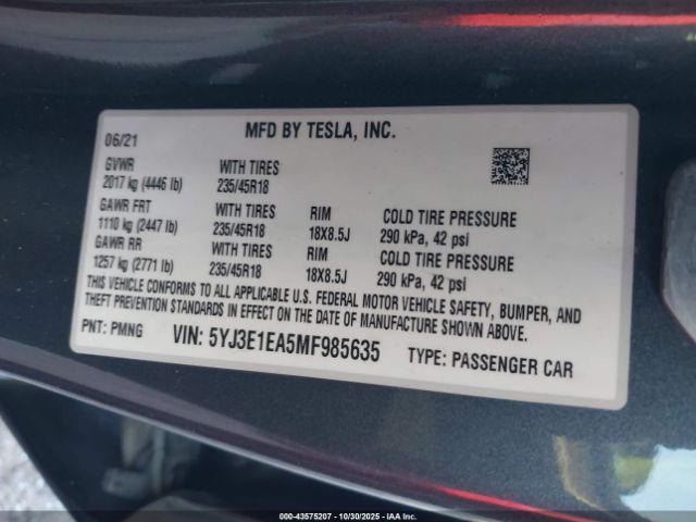 2021 TESLA MODEL 3 5YJ3E1EA5MF985635 Photo 8