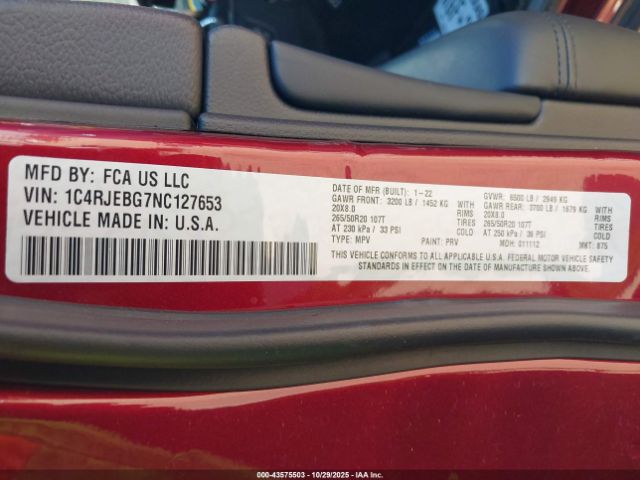 2022 JEEP GRAND CHEROKEE WK 1C4RJEBG7NC127653 Photo 8