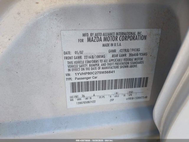 Aukcja sprzedaży 2007 Mazda Mazda6 I Sport Ve, vin: 1YVHP80C275M56841, numer aukcji: 43575558
