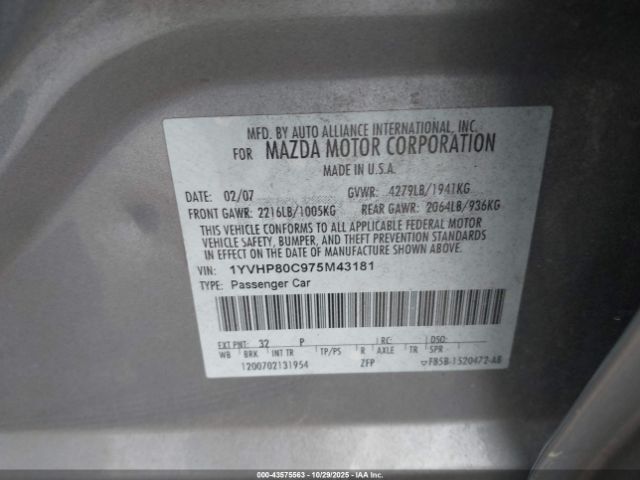 2007 MAZDA MAZDA6 1YVHP80C975M43181 Photo 8