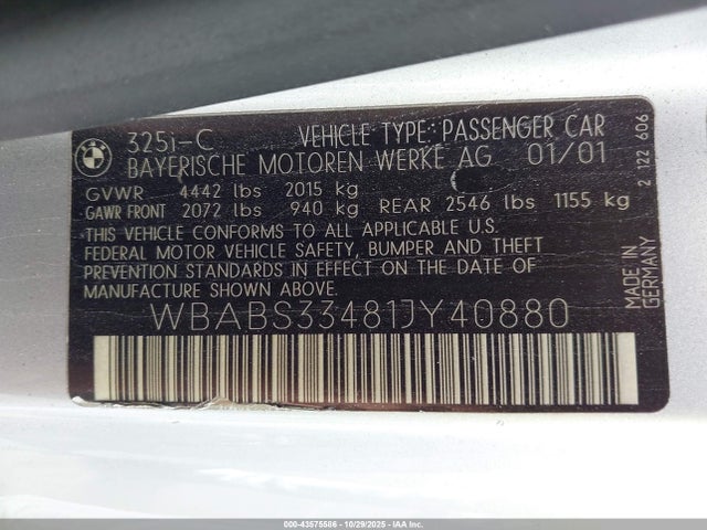 43575586 :رقم المزاد ، WBABS33481JY40880 vin ، 2001 Bmw 325ci مزاد بيع