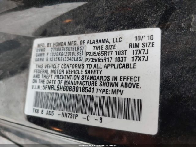 2011 HONDA ODYSSEY 5FNRL5H60BB018541 Photo 8