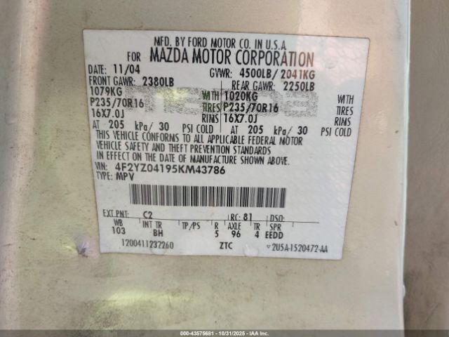 2005 MAZDA TRIBUTE 4F2YZ04195KM43786 Photo 8