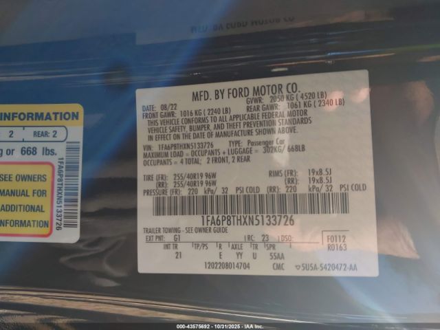 2022 FORD MUSTANG 1FA6P8THXN5133726 Photo 8