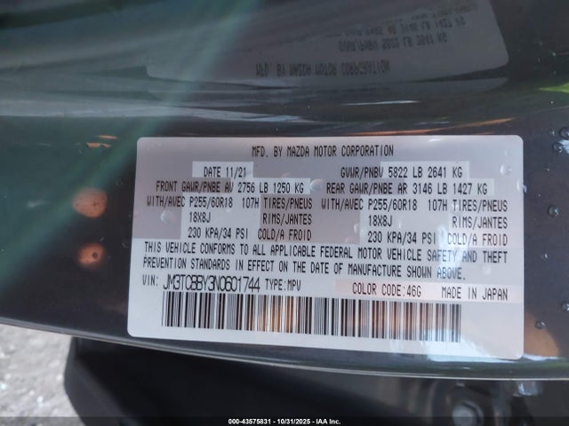 Aukcja sprzedaży 2022 Mazda Cx-9 Sport, vin: JM3TCBBY3N0601744, numer aukcji: 43575831