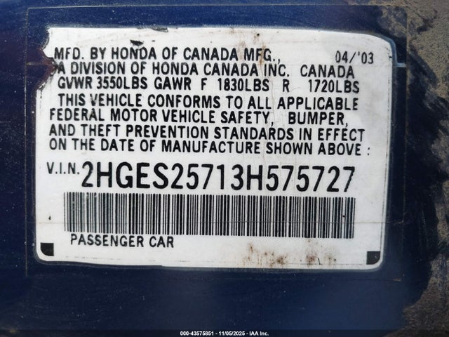 Продаж на аукціоні авто 2003 Honda Civic Ex, vin: 2HGES25713H575727, номер лоту: 43575851