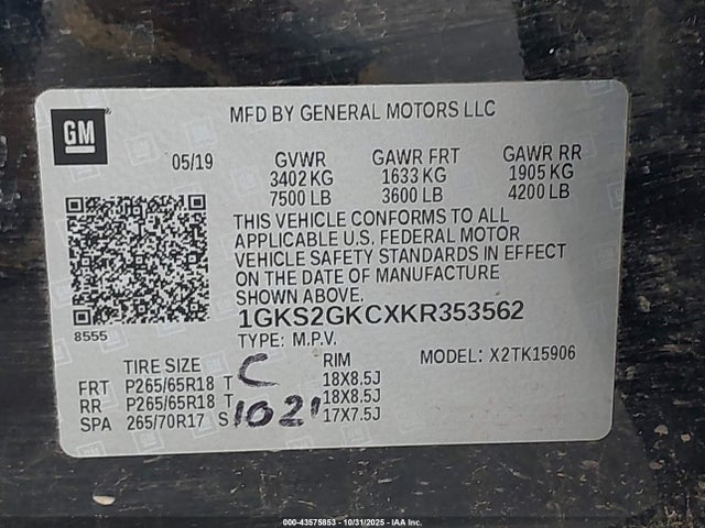 1GKS2GKCXKR353562 GMC Yukon Xl Slt