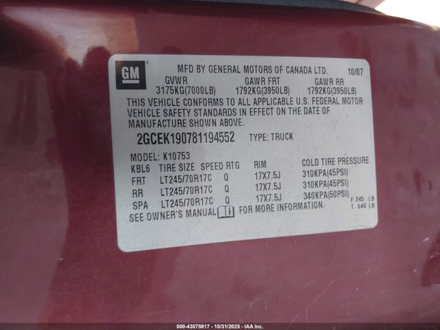 2008 CHEVROLET SILVERADO 1500 2GCEK190781194552 Photo 8