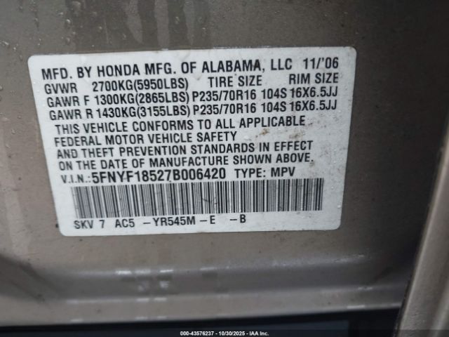2007 HONDA PILOT 5FNYF18527B006420 Photo 8