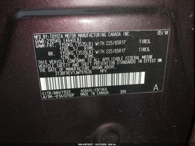 43576327 :رقم المزاد ، 2T3BFREV1JW791636 vin ، 2018 Toyota Rav4 Le مزاد بيع