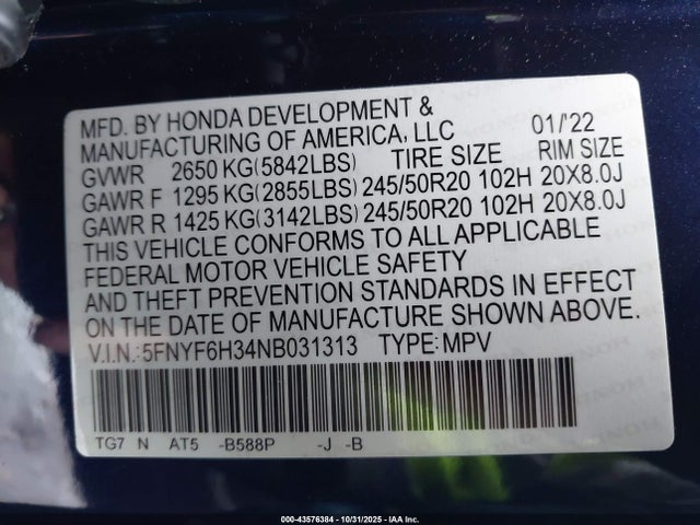 Aukcja sprzedaży 2022 Honda Pilot Awd Sport, vin: 5FNYF6H34NB031313, numer aukcji: 43576384