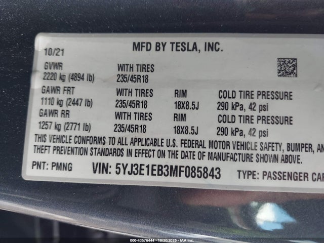 2021 TESLA MODEL 3 5YJ3E1EB3MF085843 Photo 8