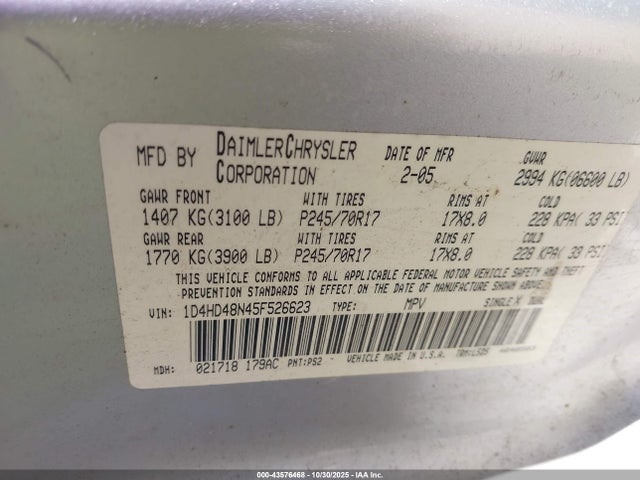 Aukcja sprzedaży 2005 Dodge Durango Slt, vin: 1D4HD48N45F526623, numer aukcji: 43576468
