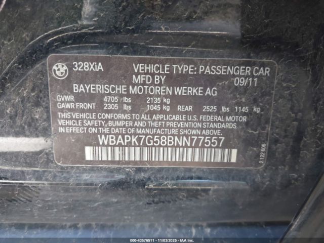 2011 BMW 328I WBAPK7G58BNN77557 Photo 8