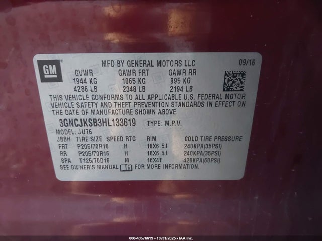 Продажа на аукционе авто 2017 Chevrolet Trax Ls, vin: 3GNCJKSB3HL133619, номер лота: 43576619