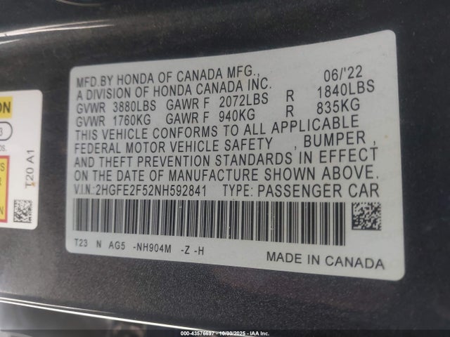 Honda k20c2 2022 2HGFE2F52NH592841 Image 9