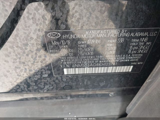 2019 HYUNDAI SANTA FE 5NMS53AD8KH123741 Photo 8