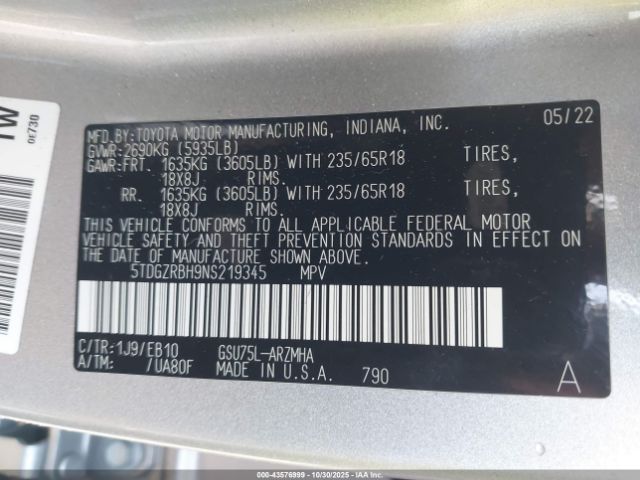2022 TOYOTA HIGHLANDER 5TDGZRBH9NS219345 Photo 8