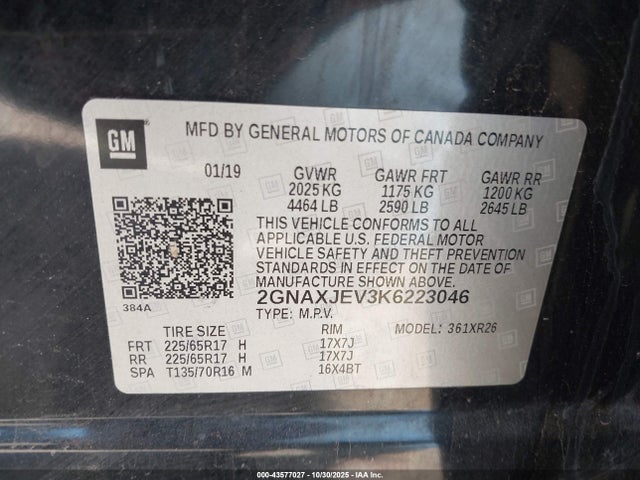 Продажа на аукционе авто 2019 Chevrolet Equinox Lt, vin: 2GNAXJEV3K6223046, номер лота: 43577027