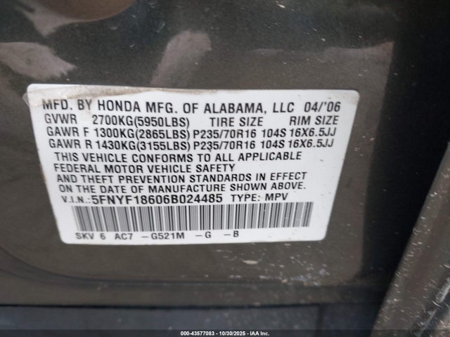 2006 Honda Pilot Ex-l მანქანა იყიდება აუქციონზე, vin: 5FNYF18606B024485, აუქციონის ნომერი: 43577083