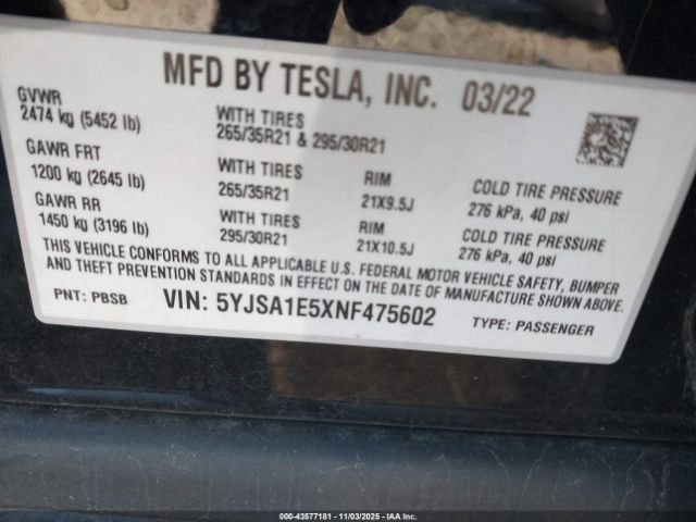 2022 TESLA MODEL S 5YJSA1E5XNF475602 Photo 8