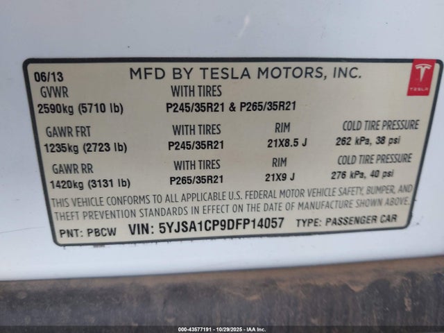 2013 Tesla Model S Performance მანქანა იყიდება აუქციონზე, vin: 5YJSA1CP9DFP14057, აუქციონის ნომერი: 43577191