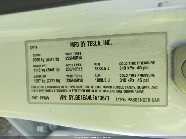 2020 TESLA MODEL 3 5YJ3E1EA4LF613671 Photo 8
