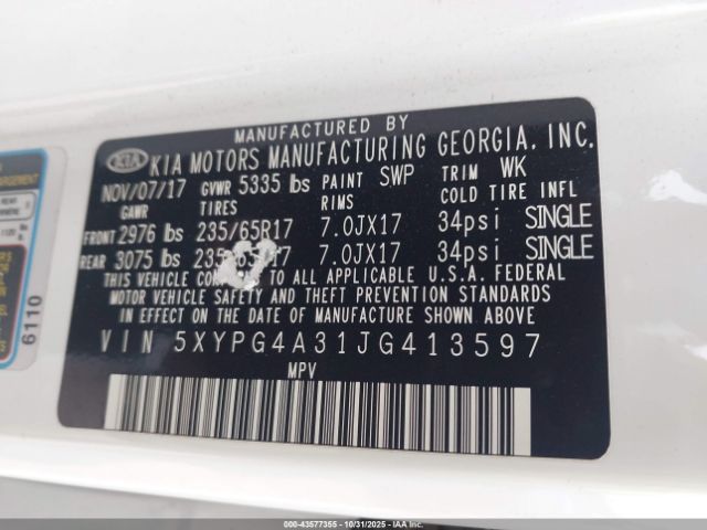 2018 KIA SORENTO 5XYPG4A31JG413597 Photo 8
