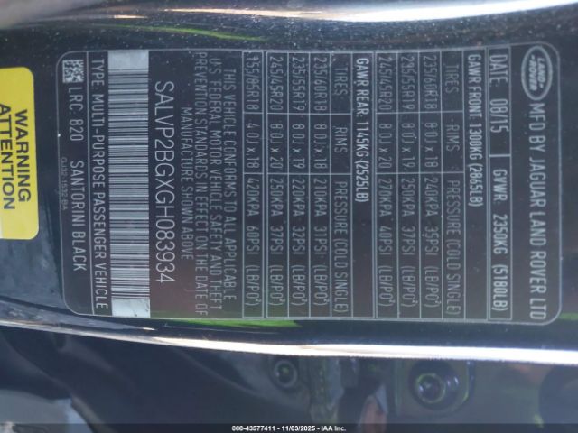 2016 LAND ROVER RANGE ROVER EVOQUE SALVP2BGXGH083934 Photo 8