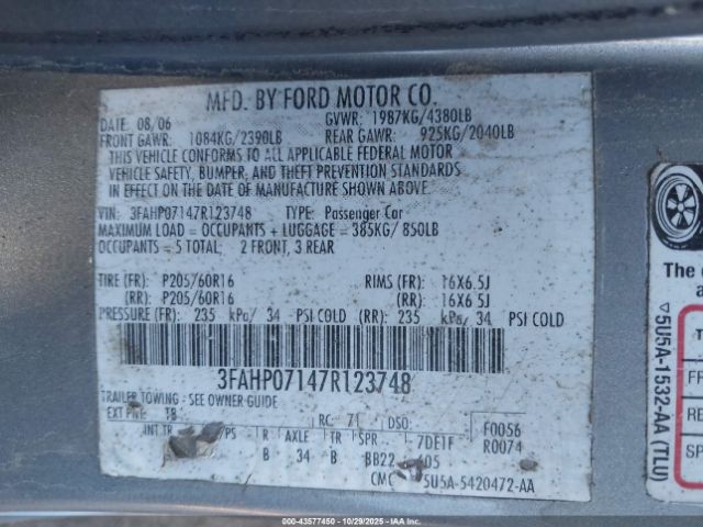 2007 FORD FUSION 3FAHP07147R123748 Photo 8