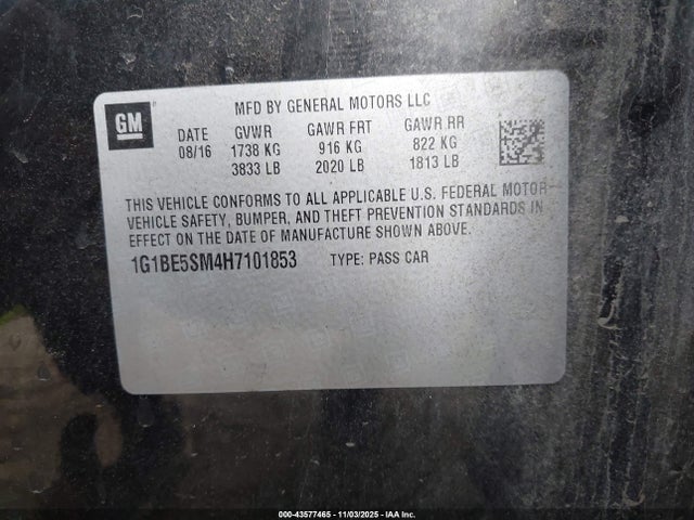 1G1BE5SM4H7101853 Chevrolet Cruze Lt Auto