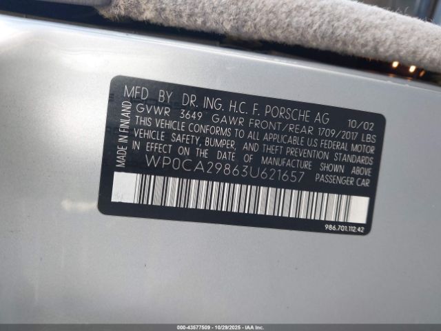 2003 PORSCHE BOXSTER WP0CA29863U621657 Photo 8