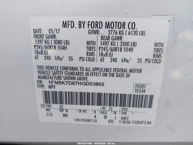 1FM5K7D87HGD03865 Ford EXPLORER XLT
