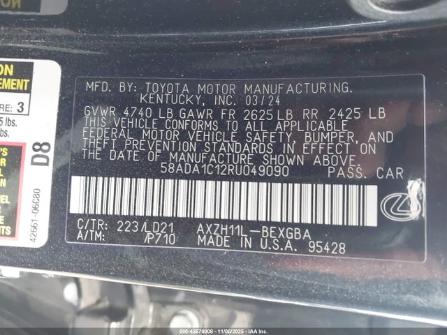 43578008 :رقم المزاد ، 58ADA1C12RU049090 vin ، 2024 Lexus Es 300h مزاد بيع