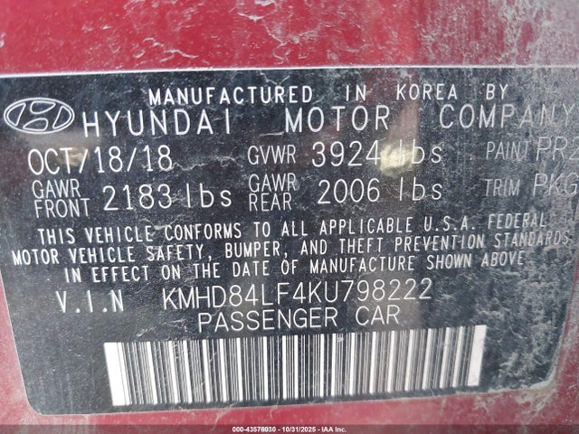 KMHD84LF4KU798222 Hyundai Elantra Value Edition
